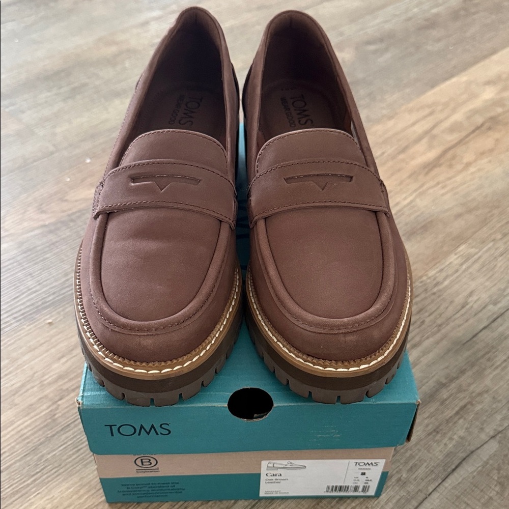 TOMS Brown Leather Lug-Sole Penny Loafers
